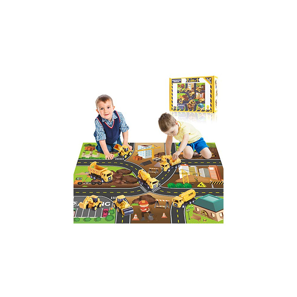 Yetech 7-1N-1 Construction Vehicles Toys Set With Play Mat - 7 Sturdy Engineering Trucks Toys, 27.6 * 31.5Inches Play Mat, Christmas Birthday Gift For