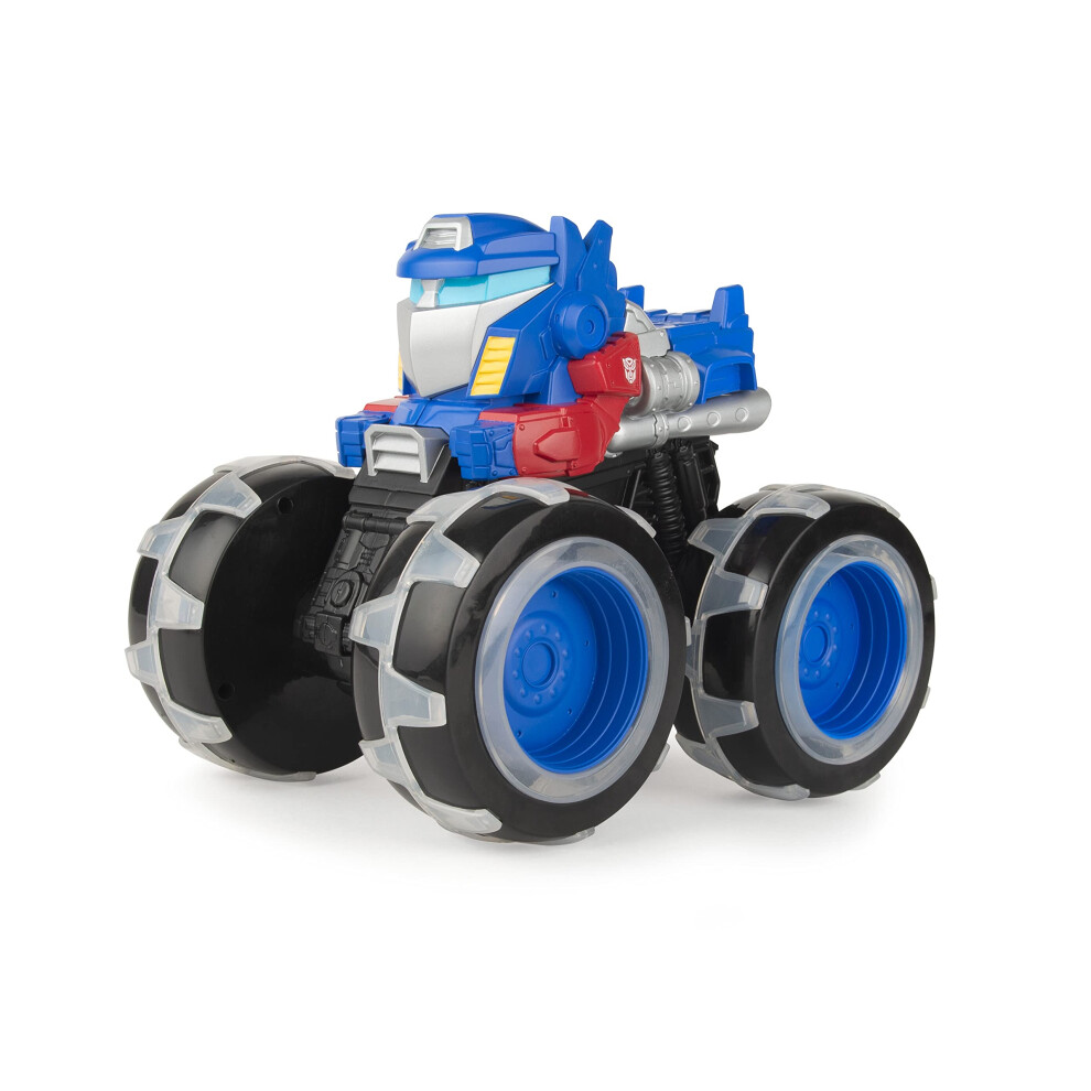 John Deere Kids TOMY Transformers Optimus Prime Monster Treads Lightning Wheels Toy, Light Up Monster Truck Toy with Neon Wheels, Blue Toys for