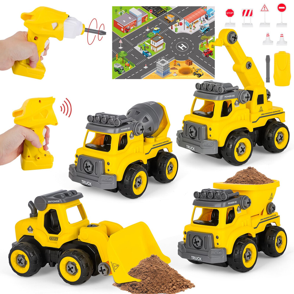 deAO Take Apart Construction Truck Toy, 4 Toy Cars with Drill and Remote Control, Play Vehicle Toy Tractors Set for 3-12 Years Old Kids Boys Girls