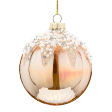 Festive 8cm Translucent Amber Glass Bauble with Pearl Snowcap