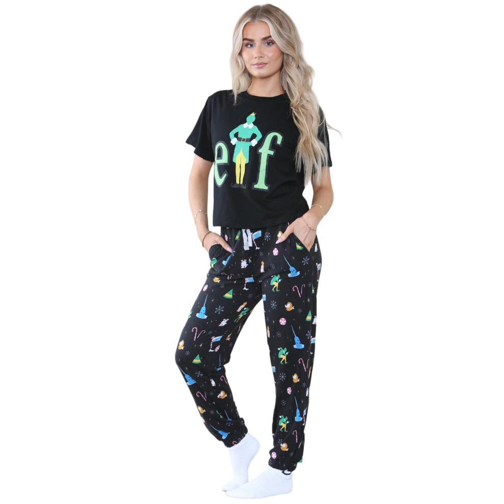 (Black - Kids, 11 - 12 Years) Ladies Christmas Pyjamas Set Printed Top Trouser