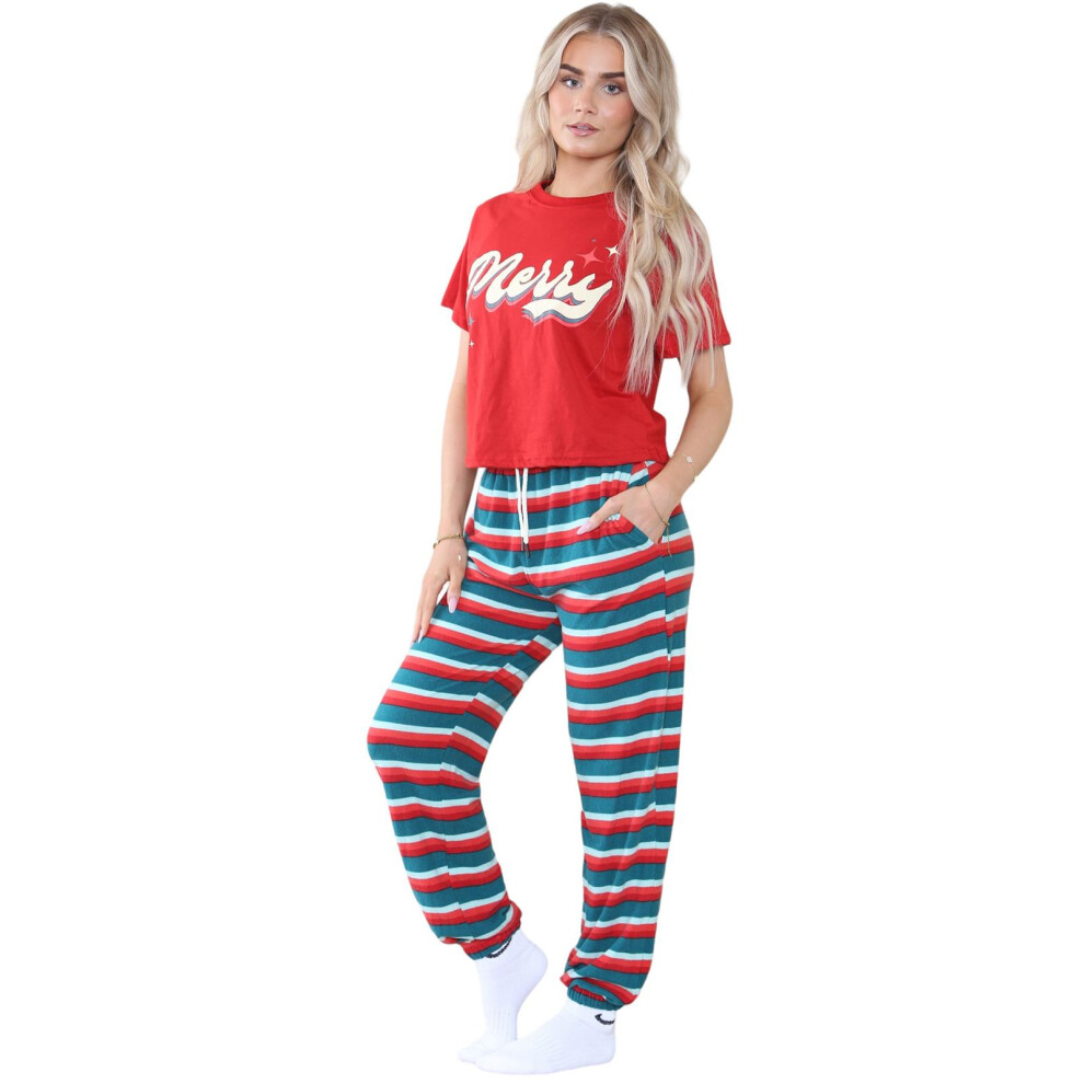 (Red - Kids, 13 Years) Ladies Christmas Pyjamas Set Printed Top Trouser