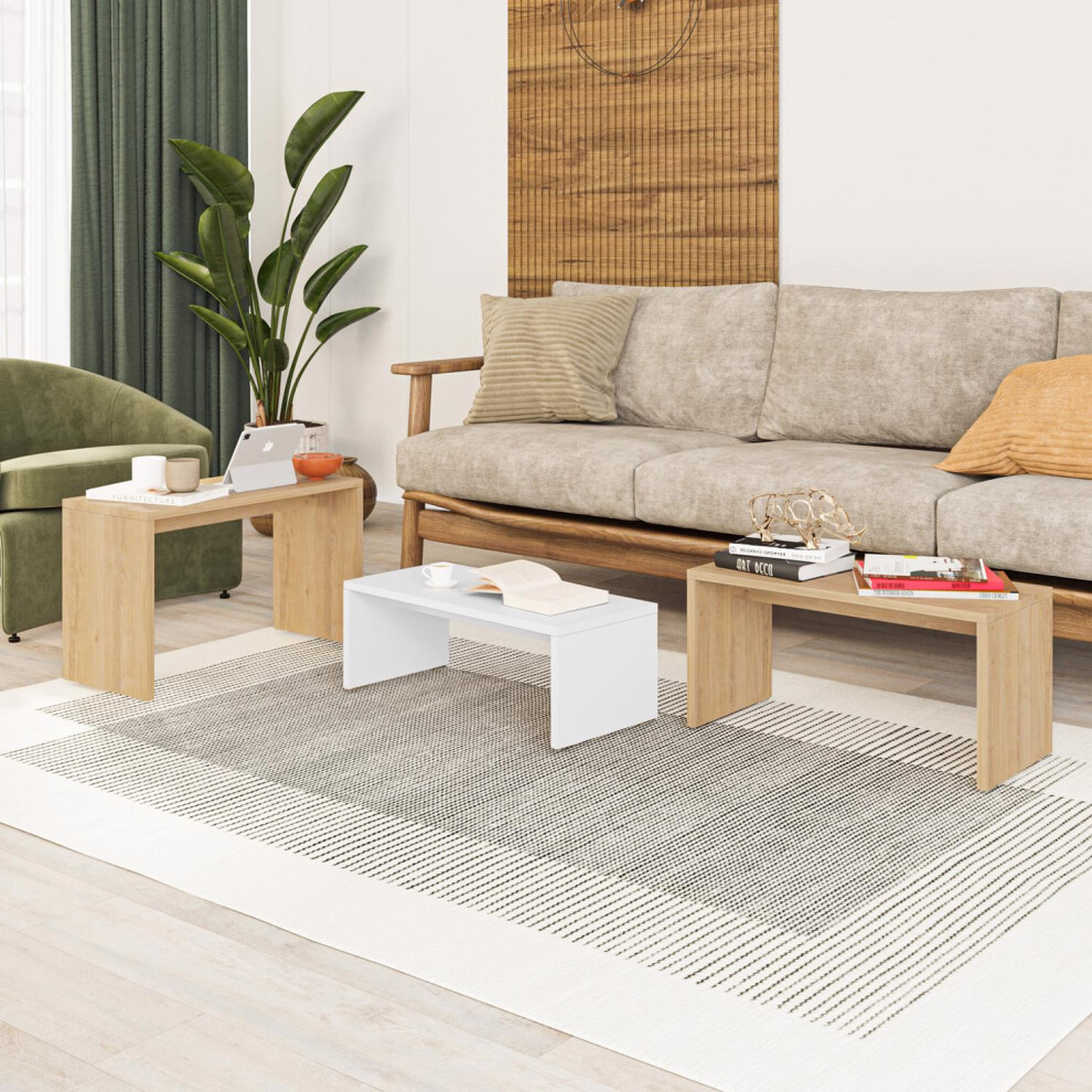 FWStyle Nest Of 3 Tables Scratch Resistant Living Room Natural Oak & White