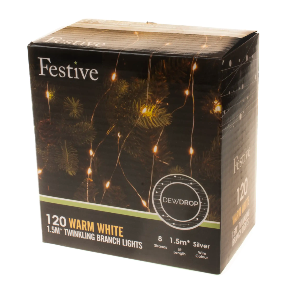 Festive 120 Warm White Christmas Twinkling Dewdrop Branch Lights - 1.5 Metres