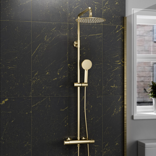 NES Home Nes Home Brushed Brass Round Exposed Thermostatic Shower Kit 2