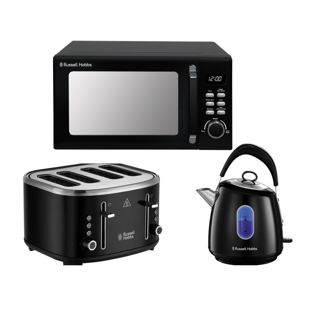 Russell Hobbs Stylevia Black Kettle, 4 Slice Toaster & Microwave Set
