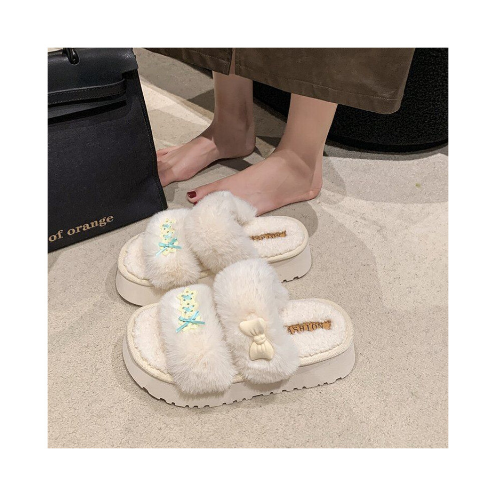 (White, 35) Fashionable Round Toe Cotton Slippers For Ladies With Plush Star Bow Detail Available In Three Colors-image-OPC-PFJXW2S-NEW