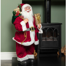 80cm Red Standing Santa Claus Indoor Decoration with Gold Present & Green Sack