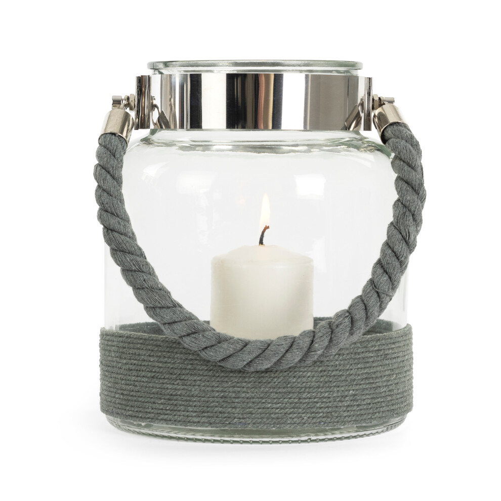 (Grey) Livivo Glass Lantern W/ Weaving Rope Jar Candle