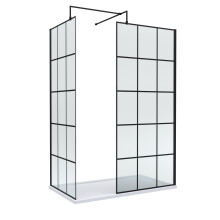 8mm Glass Walk In Wetroom Screens with Black Framed Design and White Shower Tray - 1400 x 700mm