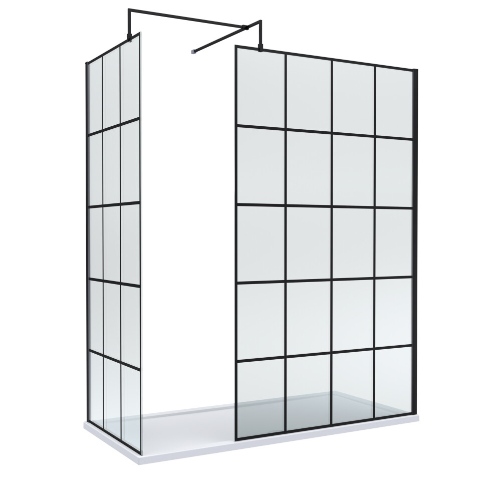 8mm Glass Walk In Wetroom Screens with Matt Black Framed Design and White Shower Tray - 1700 x 700mm