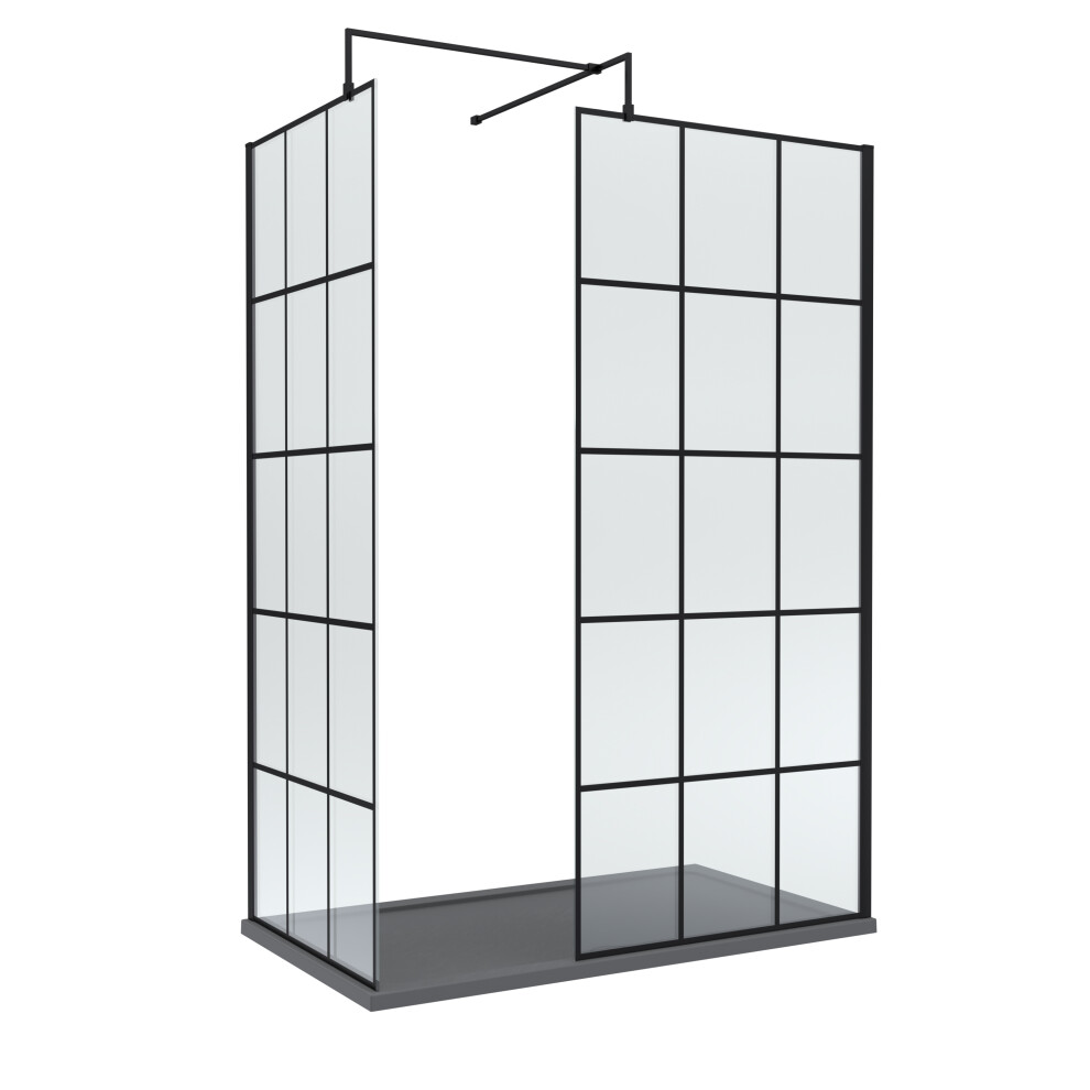 8mm Glass Walk In Wetroom Screens with Matt Black Framed Design and Slate Grey Shower Tray - 1400 x 800mm