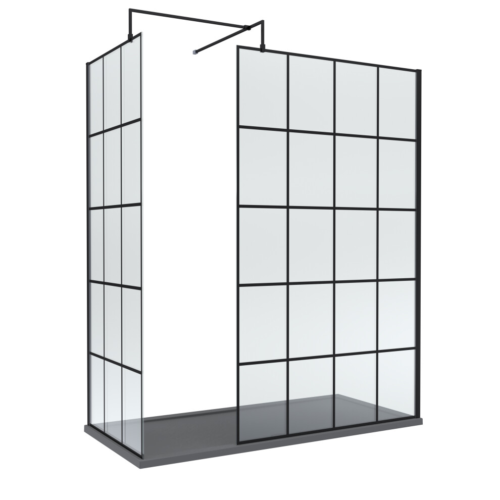 8mm Glass Walk In Wetroom Screens with Matt Black Framed Design and Slate Grey Shower Tray - 1700 x 900mm