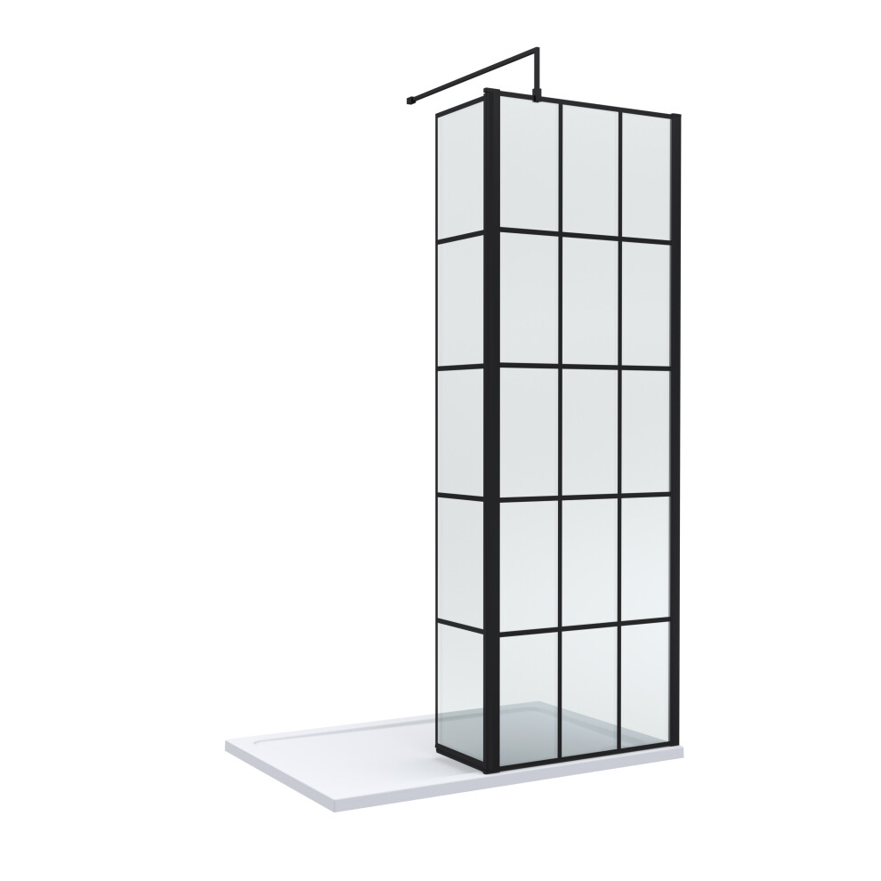 8mm Glass Walk In Wetroom Screen and Hinged Return Screen with Black Framed Design and Shower Tray - 1200 x 800mm