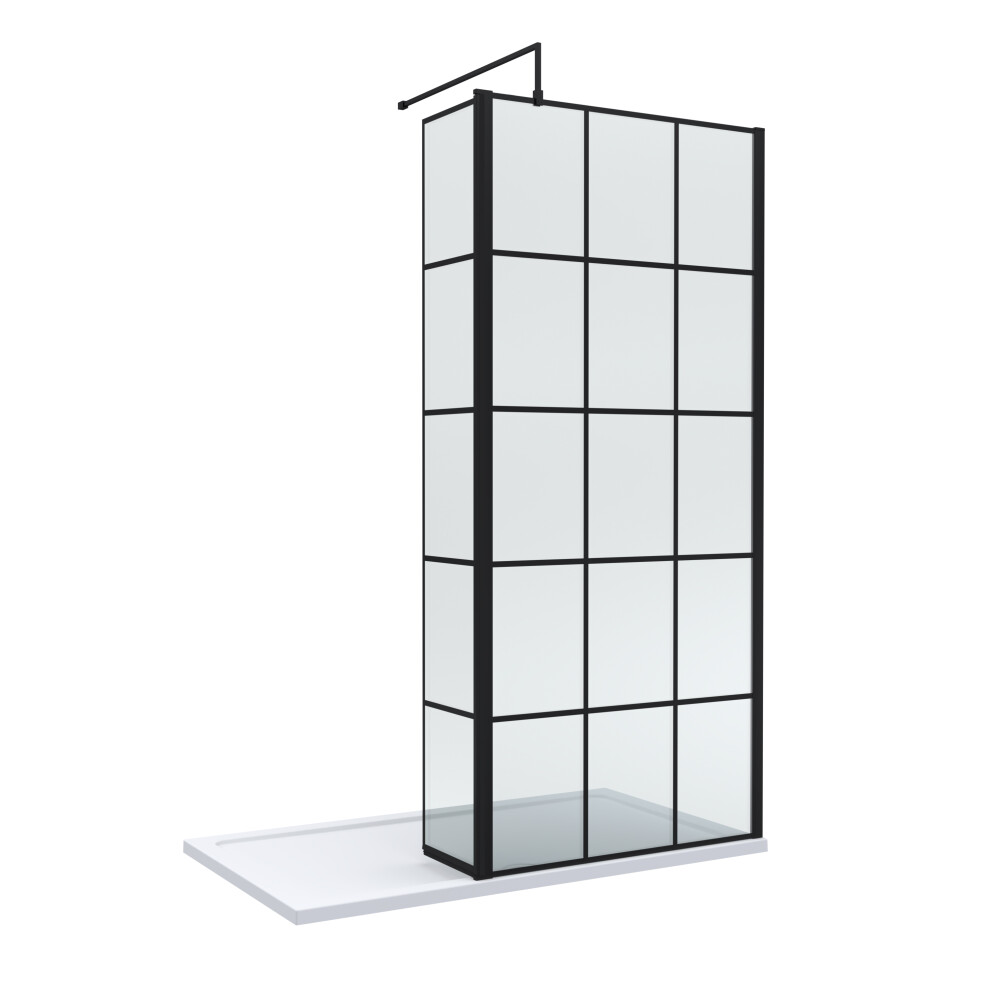 8mm Glass Walk In Wetroom Screen and Hinged Return Screen with Black Framed Design and Shower Tray - 1400 x 700mm