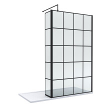 8mm Glass Walk In Wetroom Screen and Hinged Return Screen with Black Framed Design and Shower Tray - 1700 x 900mm