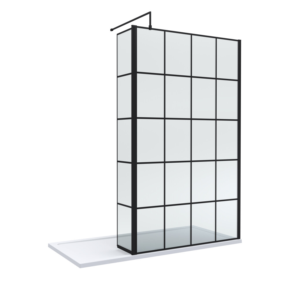 8mm Glass Walk In Wetroom Screen and Hinged Return Screen with Black Framed Design and Shower Tray - 1700 x 900mm