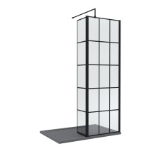 8mm Glass Walk In Wetroom Screen and Hinged Return Black Framed Design and Grey Shower Tray - 1200 x 800mm