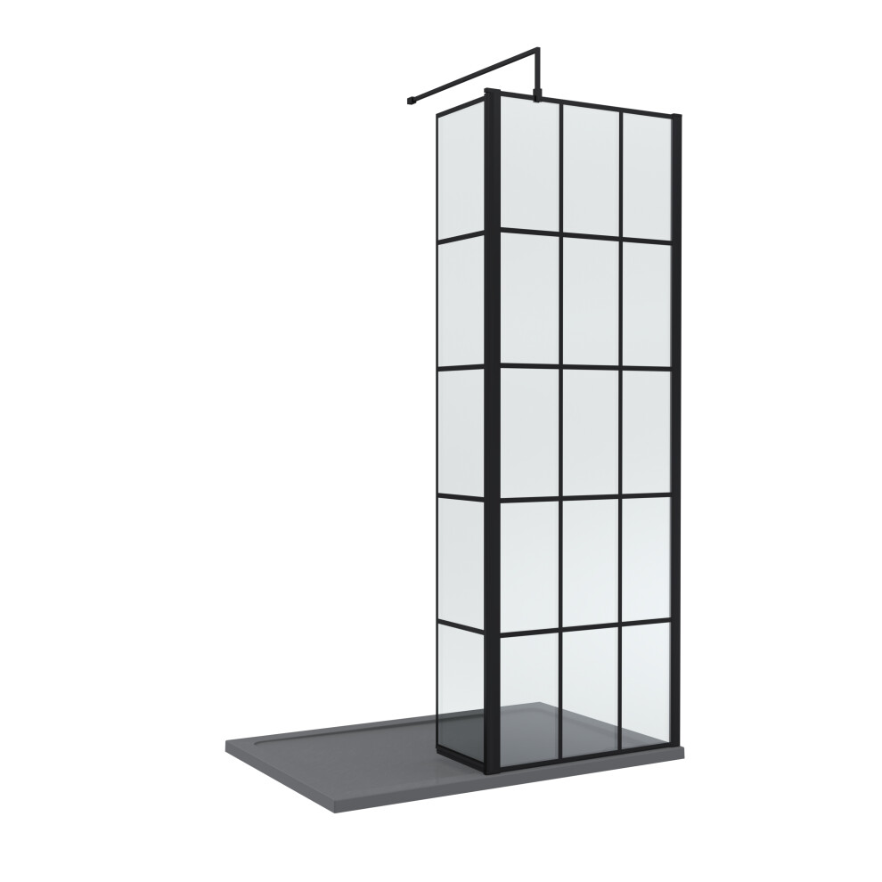 8mm Glass Walk In Wetroom Screen and Hinged Return Black Framed Design and Grey Shower Tray - 1200 x 900mm