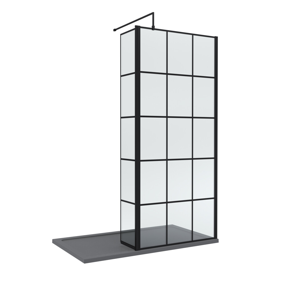 8Mm Glass Walk In Wetroom Screen And Hinged Return Black Framed Design And Grey Shower Tray - 1400 X 700Mm 5056678424889