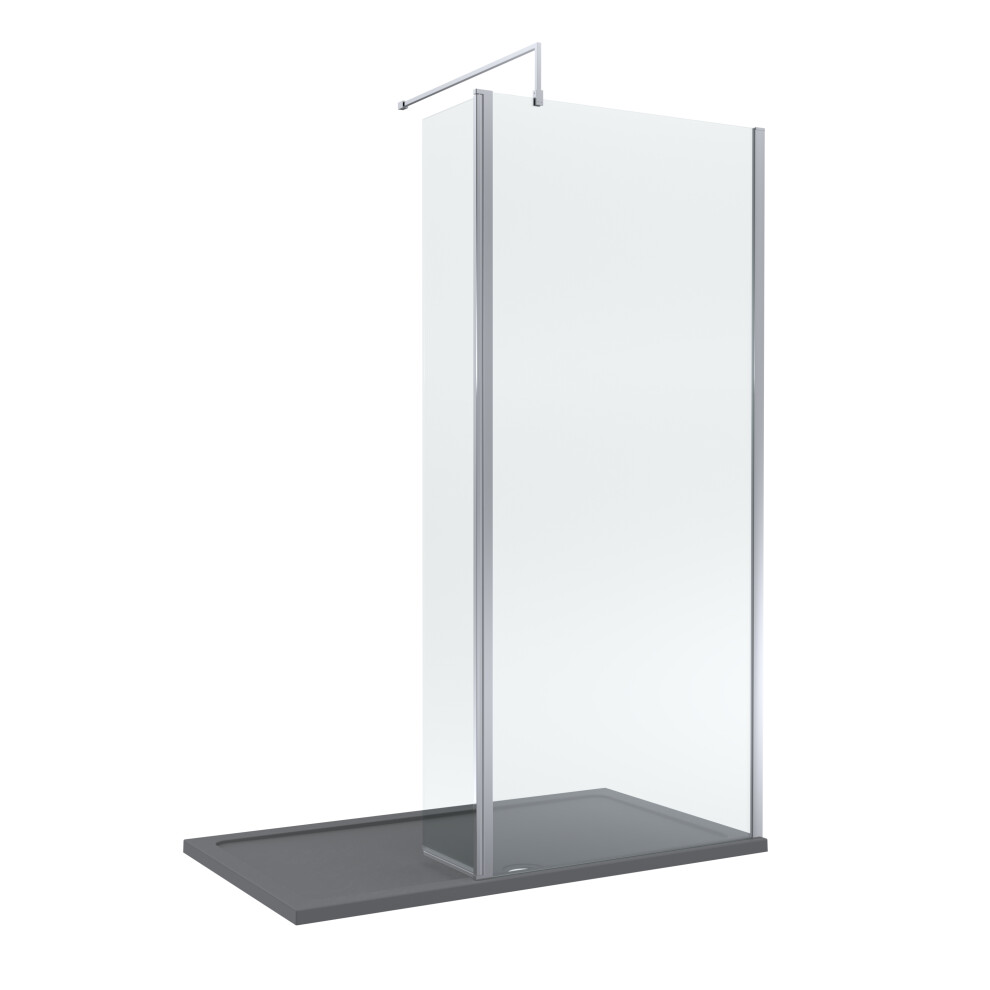 8mm Glass Walk In Wetroom Screen and Hinged Return Screen with Chrome Profile and Grey Shower Tray - 1400 x 800mm