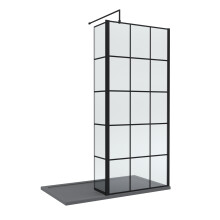 8mm Glass Walk In Wetroom Screen and Hinged Return Black Framed Design and Grey Shower Tray - 1400 x 900mm