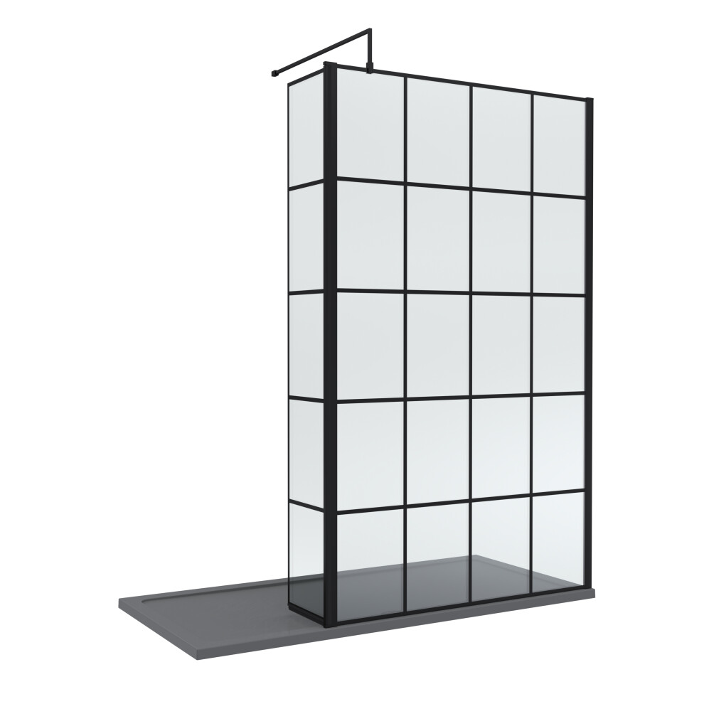 Photos - Shower Screen 8mm Glass Walk In Wetroom Screen and Hinged Return Black Framed Design and Grey Shower Tray - 1700 x 700mm BEZW160