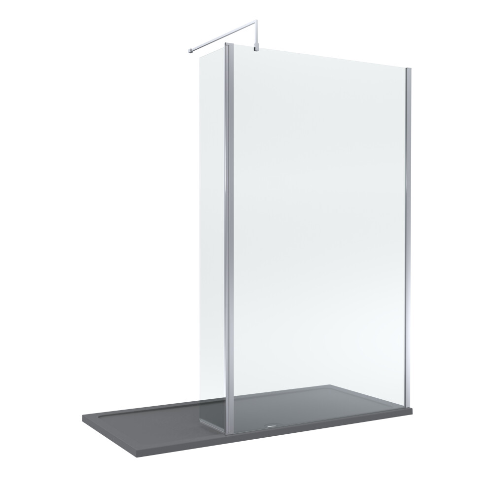 8mm Glass Walk In Wetroom Screen and Hinged Return Screen with Chrome Profile and Grey Shower Tray - 1700 x 900mm