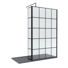 8mm Glass Walk In Wetroom Screen and Hinged Return Black Framed Design and Grey Shower Tray - 1700 x 800mm