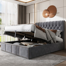 (135*190cm) Upholstered Functional Storage Bed, Velvet, Grey