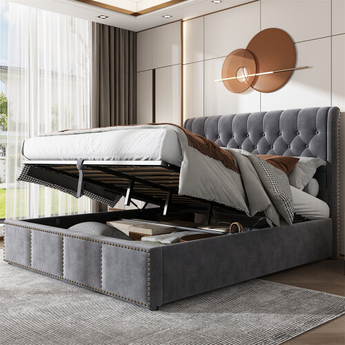 (135*190cm) Upholstered Functional Storage Bed, Velvet, Grey