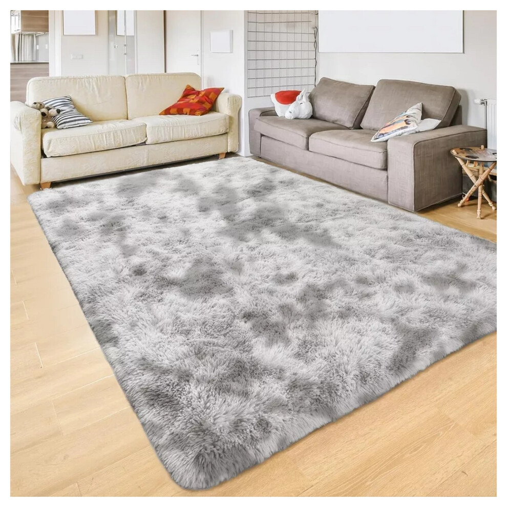 (60 x 110 cm (2 ft x 3 ft 7 in)-Mat, Tie-Dye Light Grey/Silver) Anti Slip Shaggy Rug For Living Room Runner Carpet