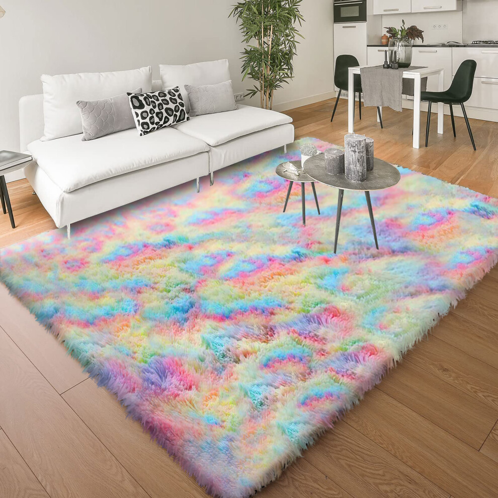 (60 x 110 cm (2 ft x 3 ft 7 in)-Mat, Rainbow) Anti Slip Shaggy Rug For Living Room Runner Carpet