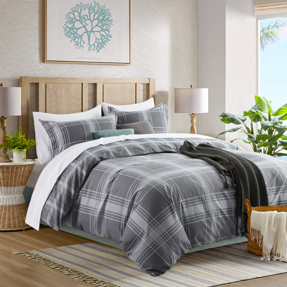 (Single: 137 X 200cm, Grey Check) Luxury Printed Duvet Cover 3 Piece Reversible Bedding Set with Pillowcases