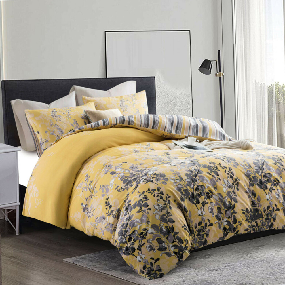 (Double: 200 X 200cm, Ochre Blossom) Luxury Printed Duvet Cover 3 Piece Reversible Bedding Set With Pillowcases