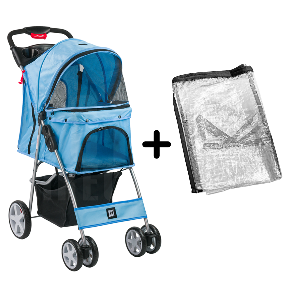 (Blue Pet Stroller + Cover) KCT Hooded Pet Strollers for Small to Medium Sized Pets