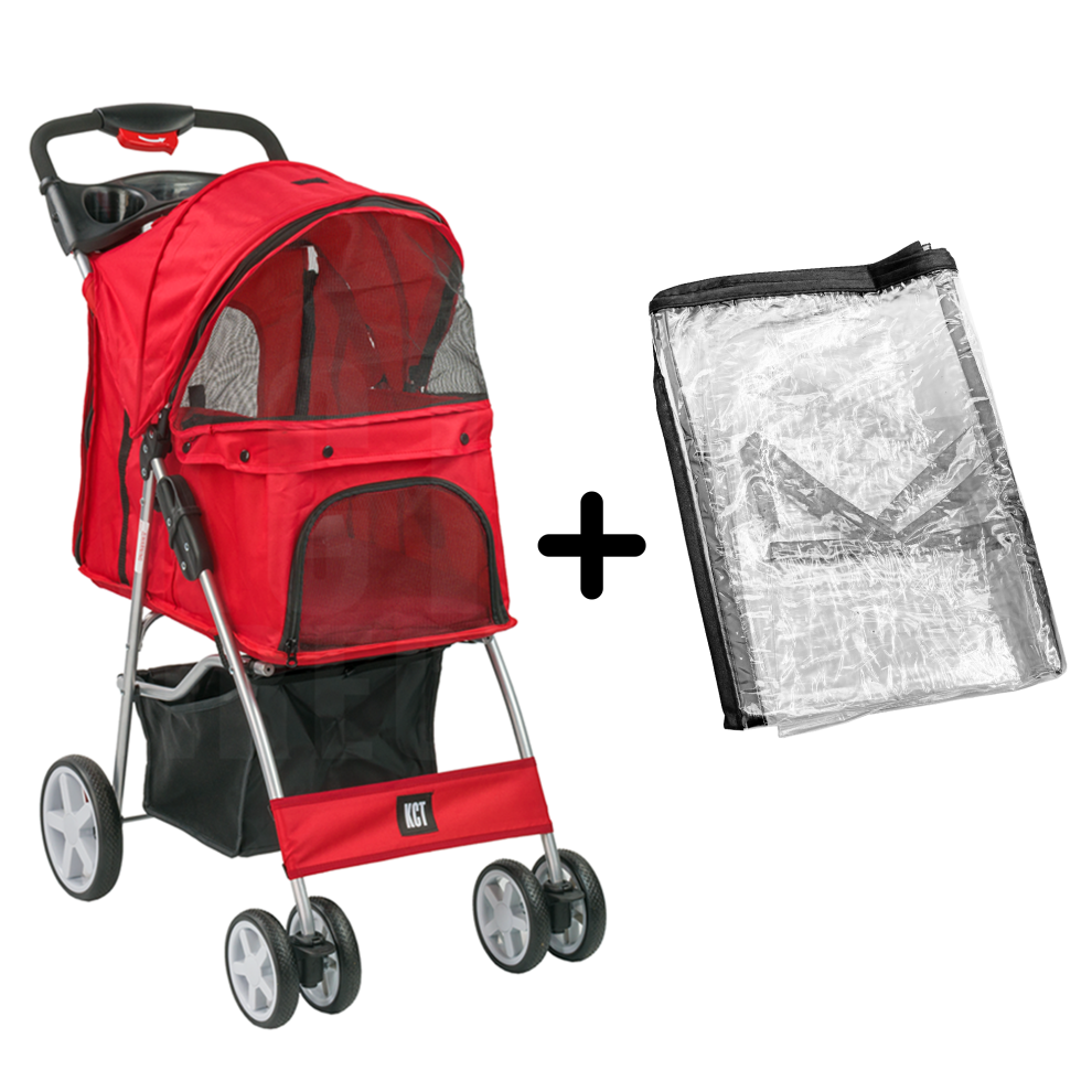 (Red Pet Stroller + Cover) KCT Hooded Pet Strollers for Small to Medium Sized Pets