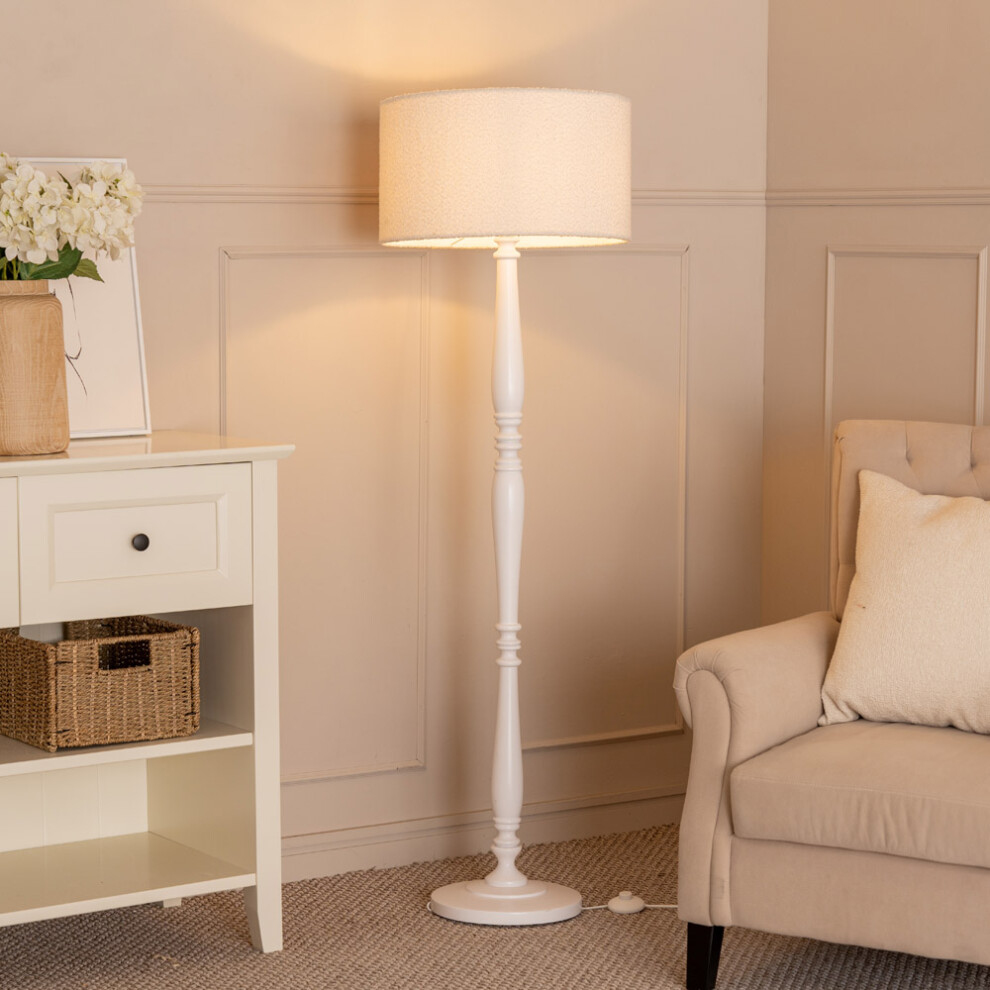 ValueLights Victoria Cream Boucle Drum Shade White Wood Floor Lamp