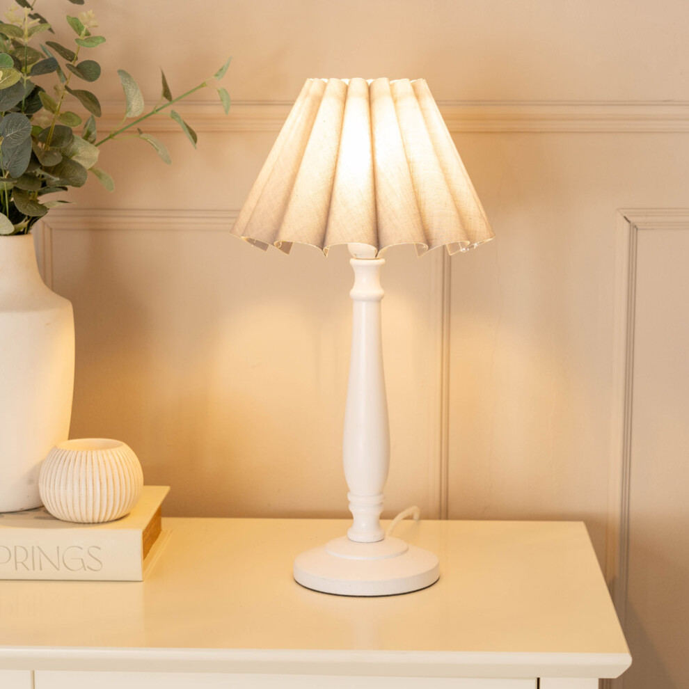 ValueLights Victoria White Wood Grey Scallop Tapered Shade Table Lamp