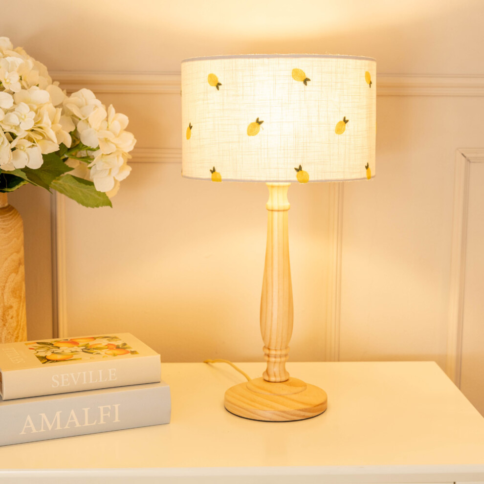 ValueLights Victoria Lemon Embroidered Drum Shade Wooden Table Lamp