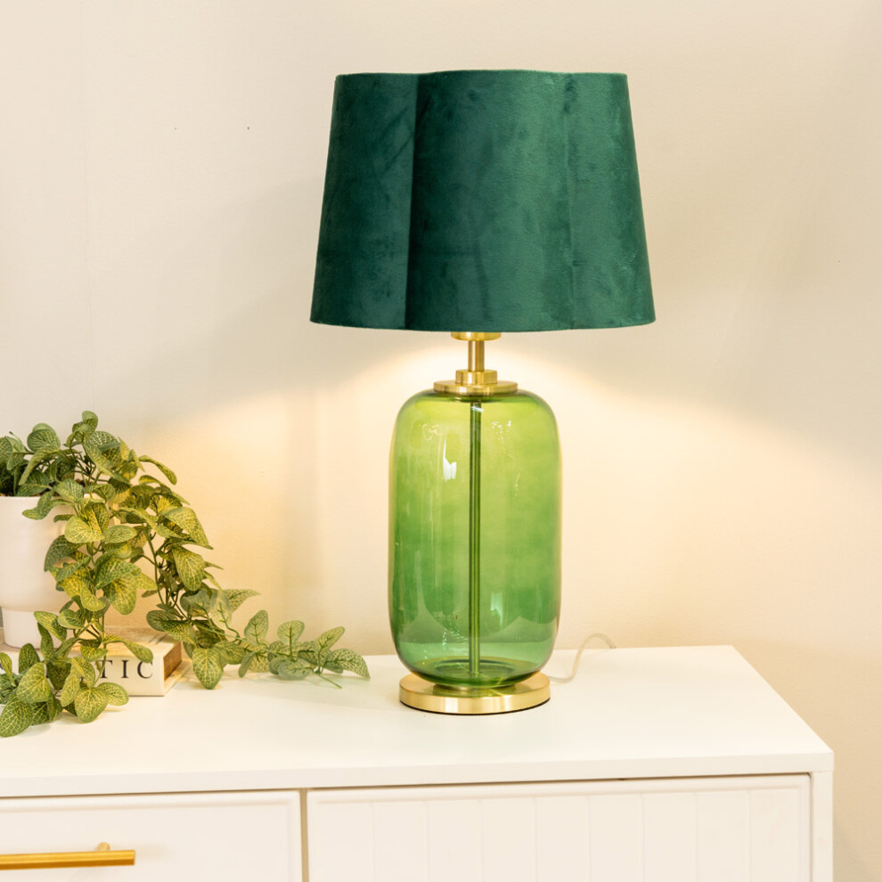 ValueLights Leigh Green Velvet Scallop Shade Forest Glass Gold Table Lamp