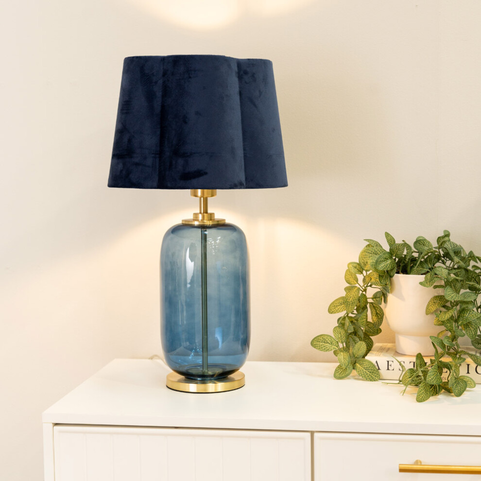 ValueLights Leigh Navy Velvet Scallop Shade Blue Glass Gold Table Lamp