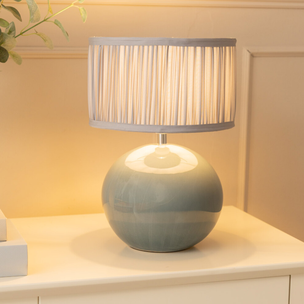 ValueLights Bosco Ceramic Table Lamp with Ruched Blue Drum Lamp Shade