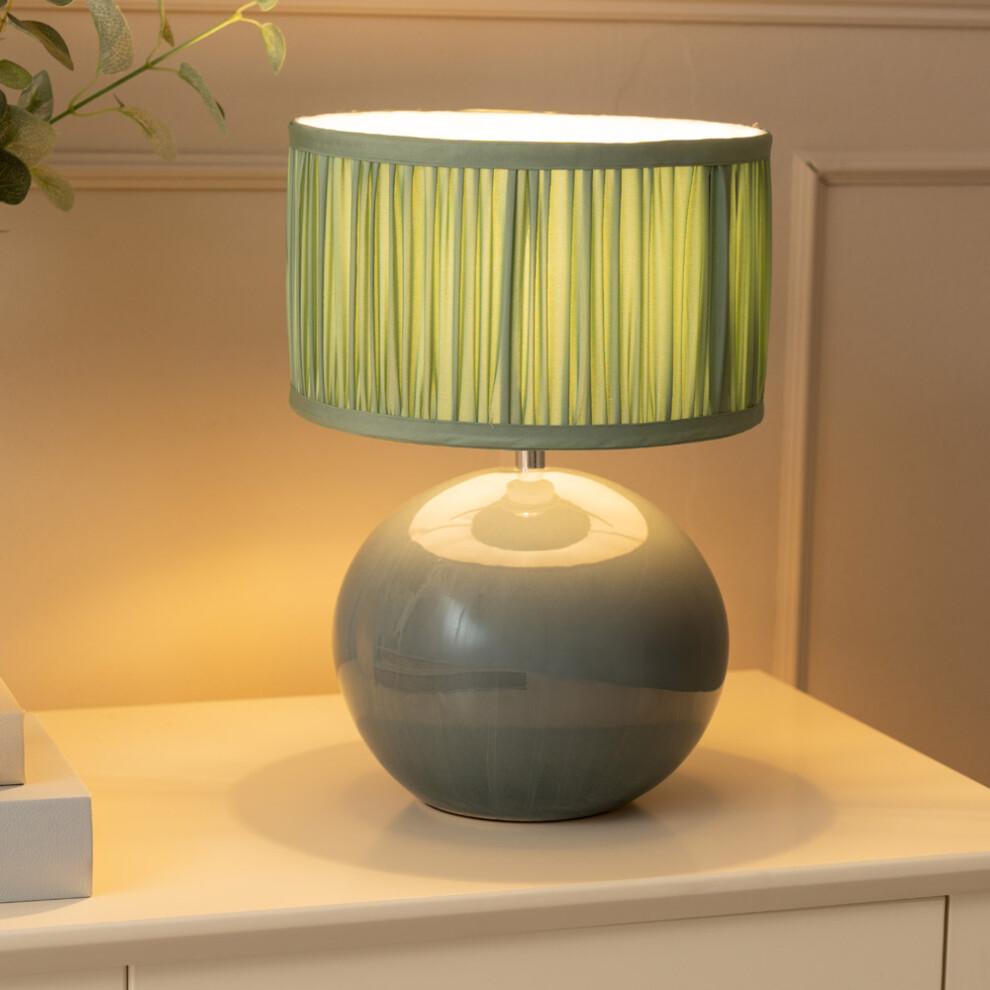 ValueLights Bosco Ceramic Table Lamp with Ruched Green Drum Lamp Shade