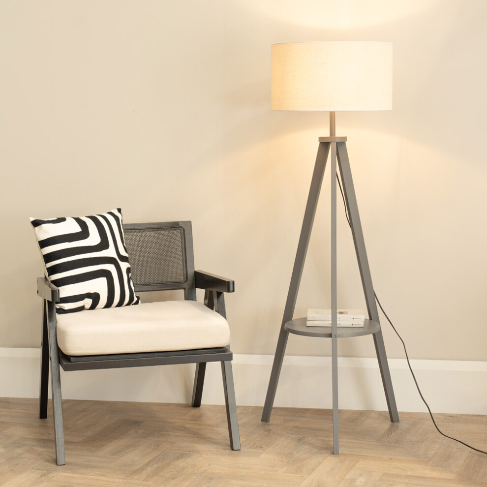 ValueLights Morrigan Linen White Trim Shade Grey Tripod Floor Lamp