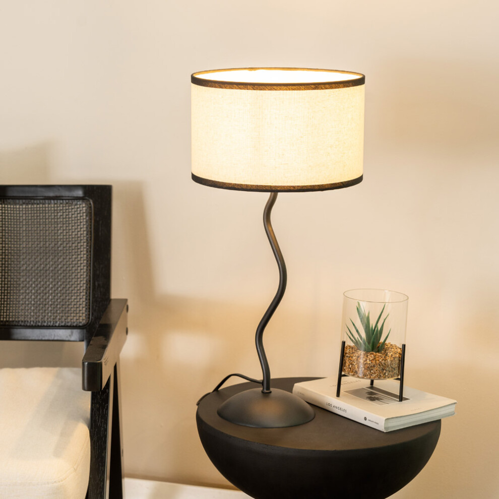 ValueLights Wiggle Black Linen Black Trim Drum Shade Metal Table Lamp