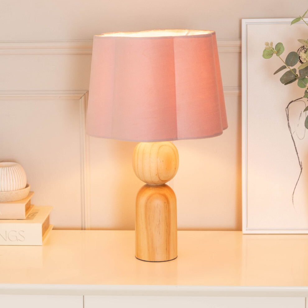 ValueLights Azalea Wooden Table Lamp with Blush Velvet Scallop Shade