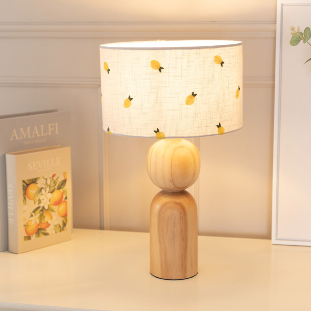 ValueLights Azalea Lemon Embroidered Drum Shade Wooden Table Lamp