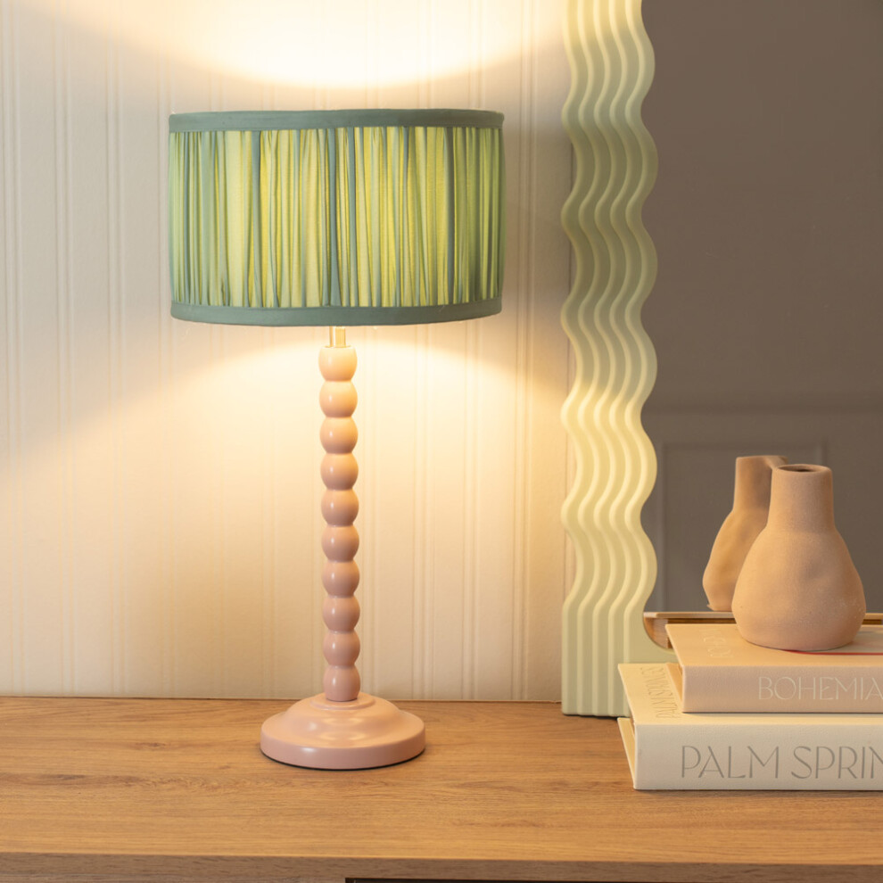 ValueLights Bobbins Ruched Green Shade Painted Rose Table Lamp & Bulb