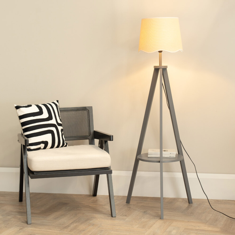 ValueLights Morrigan Scallop White Trim Shade Grey Tripod Floor Lamp & Bulb